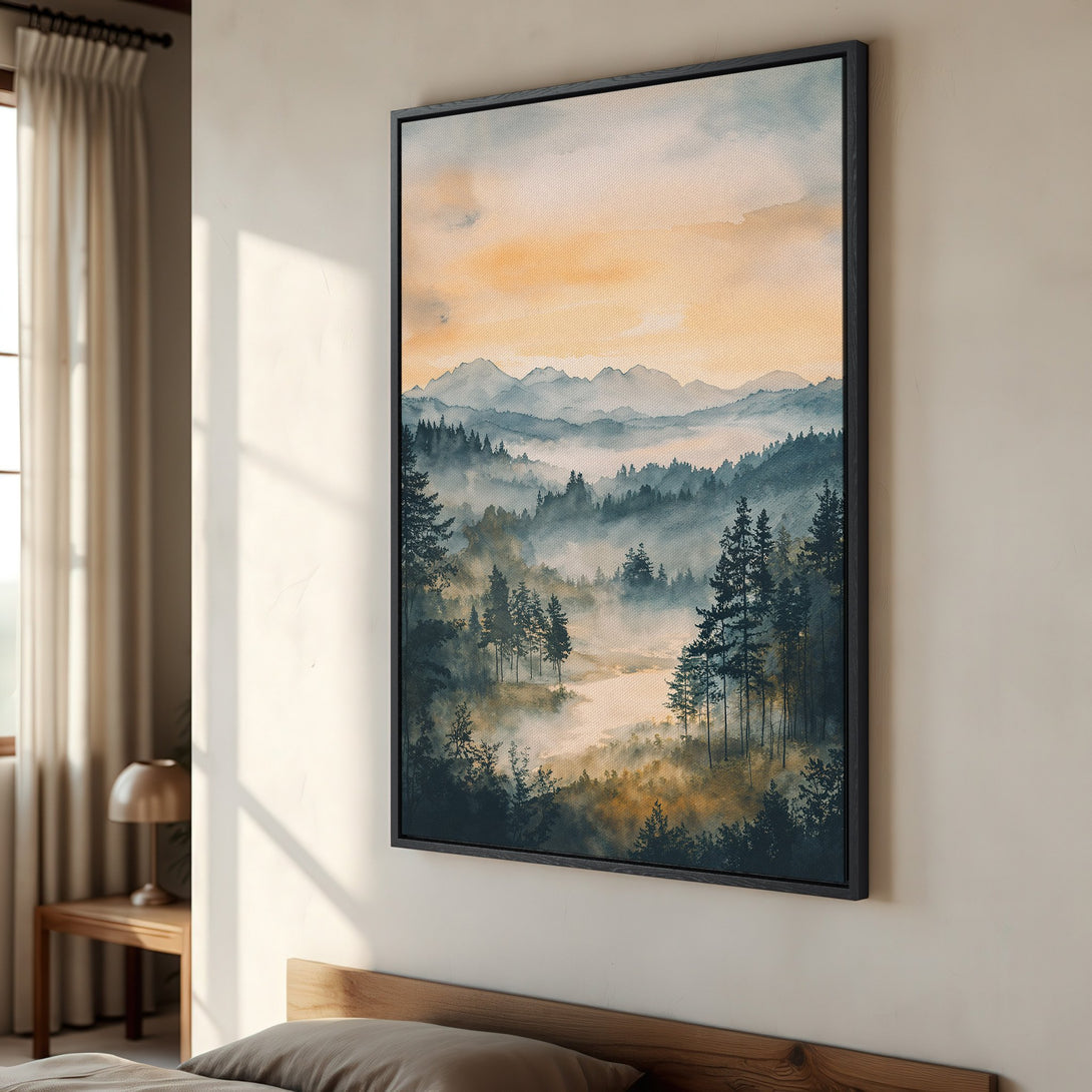 Framed Wall Art: Watercolor landscape Canvas Print with forest and mountain scene in calming blue, green, and gold tones. Perfect for bedroom decor.