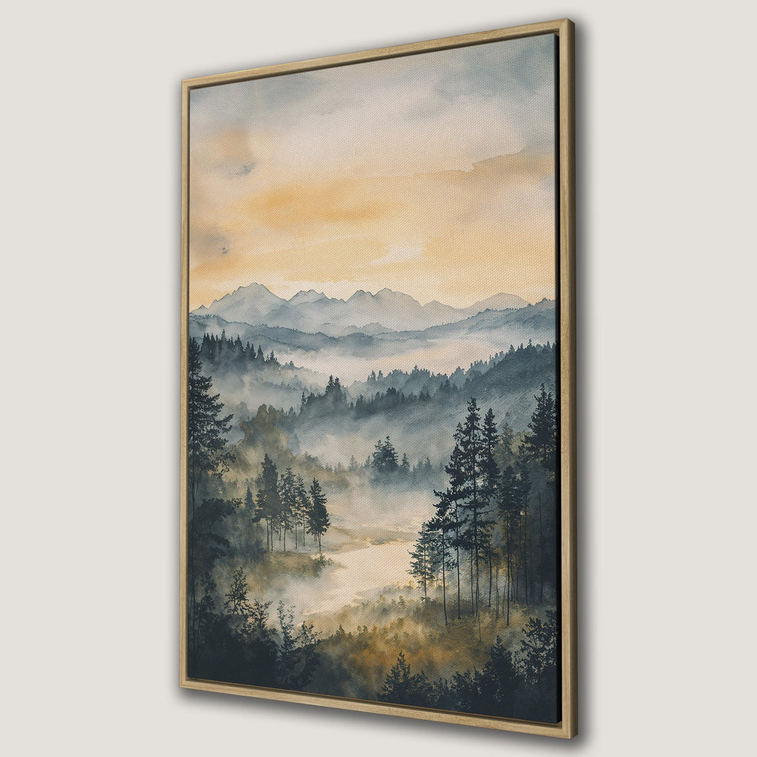 Framed Wall Art featuring a serene watercolor landscape. Misty forest scene in blues, greens, and golden hues. Perfect for adding a touch of nature to your home.