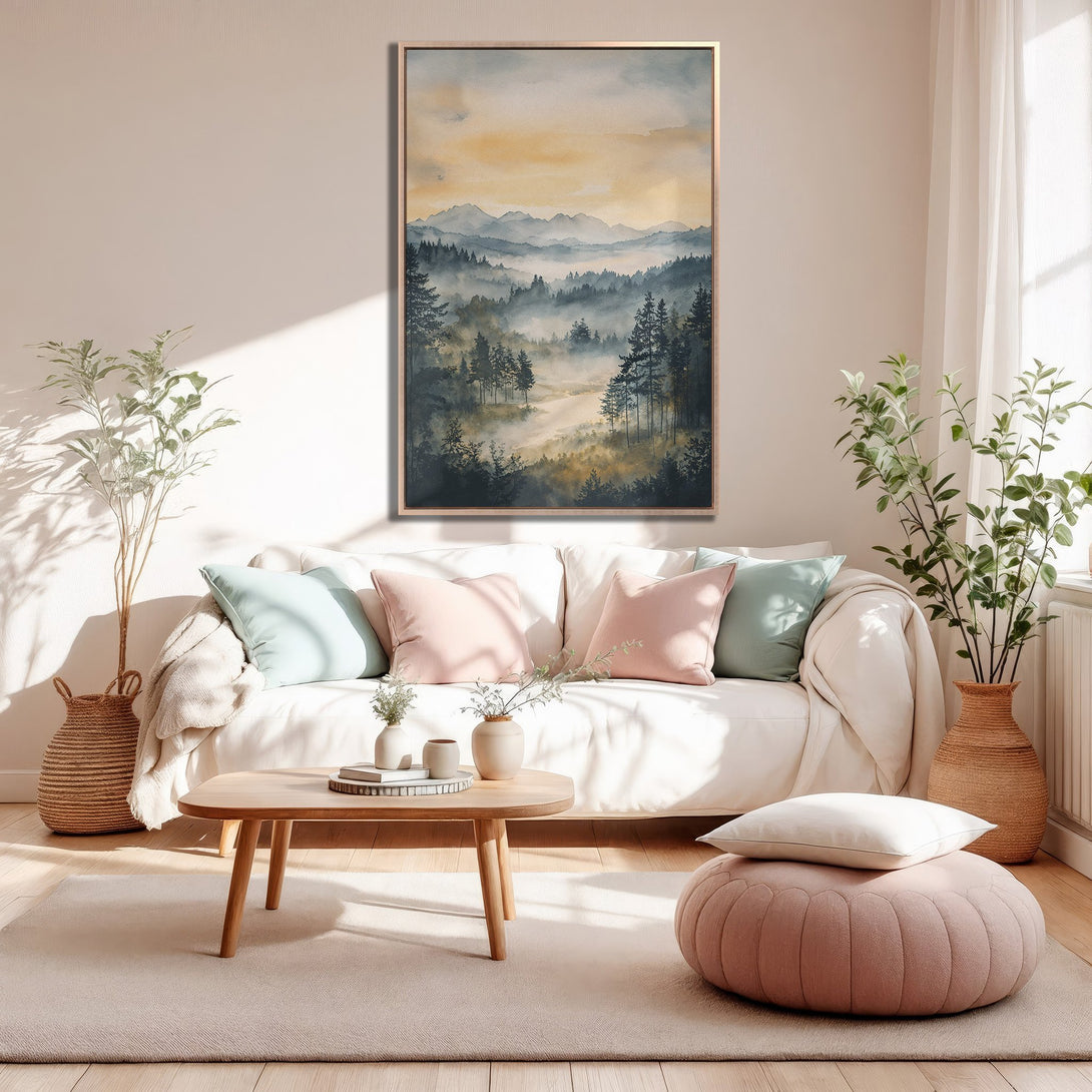 Framed Wall Art: Watercolor landscape Canvas Print in a serene living room. Features a misty forest scene with a soft, neutral color palette. Elevate your space!