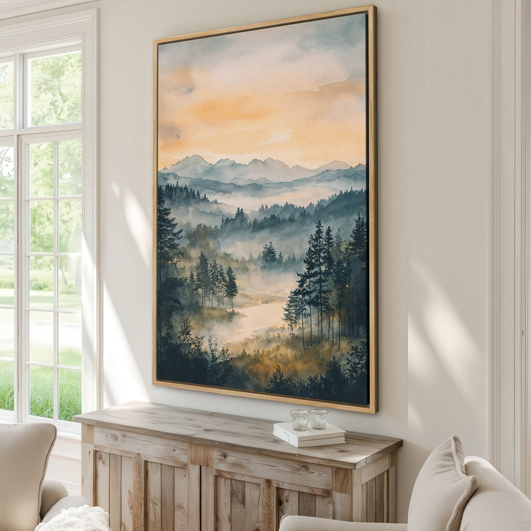 Framed Wall Art: Watercolor landscape Canvas Print with misty mountains & forest in blue, gold, and green tones. Perfect for adding a touch of nature.