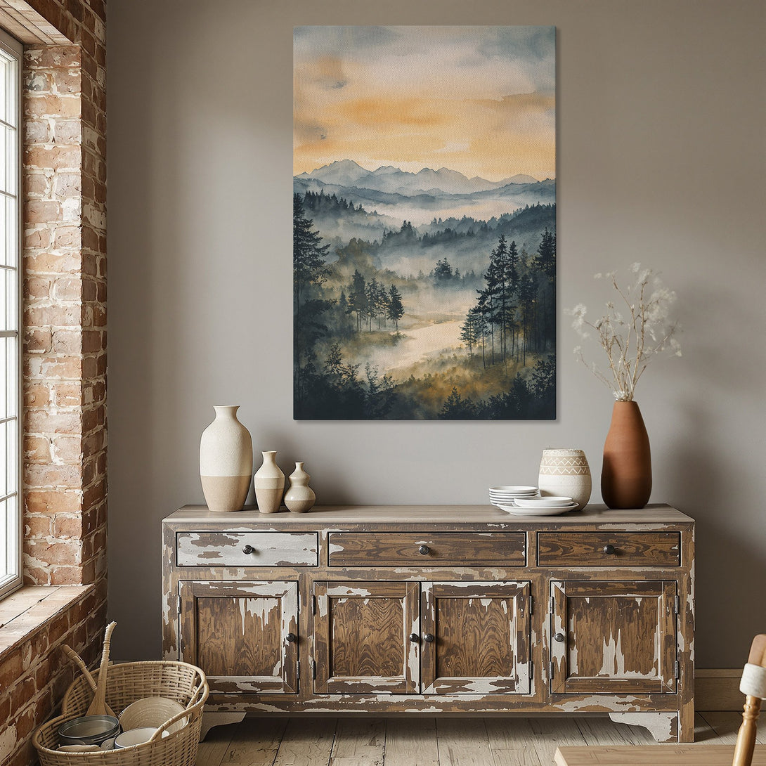 Framed Wall Art: Watercolor landscape Canvas Print in a dining room. Serene forest scene with blue, green, and gold hues. Perfect for home decor.