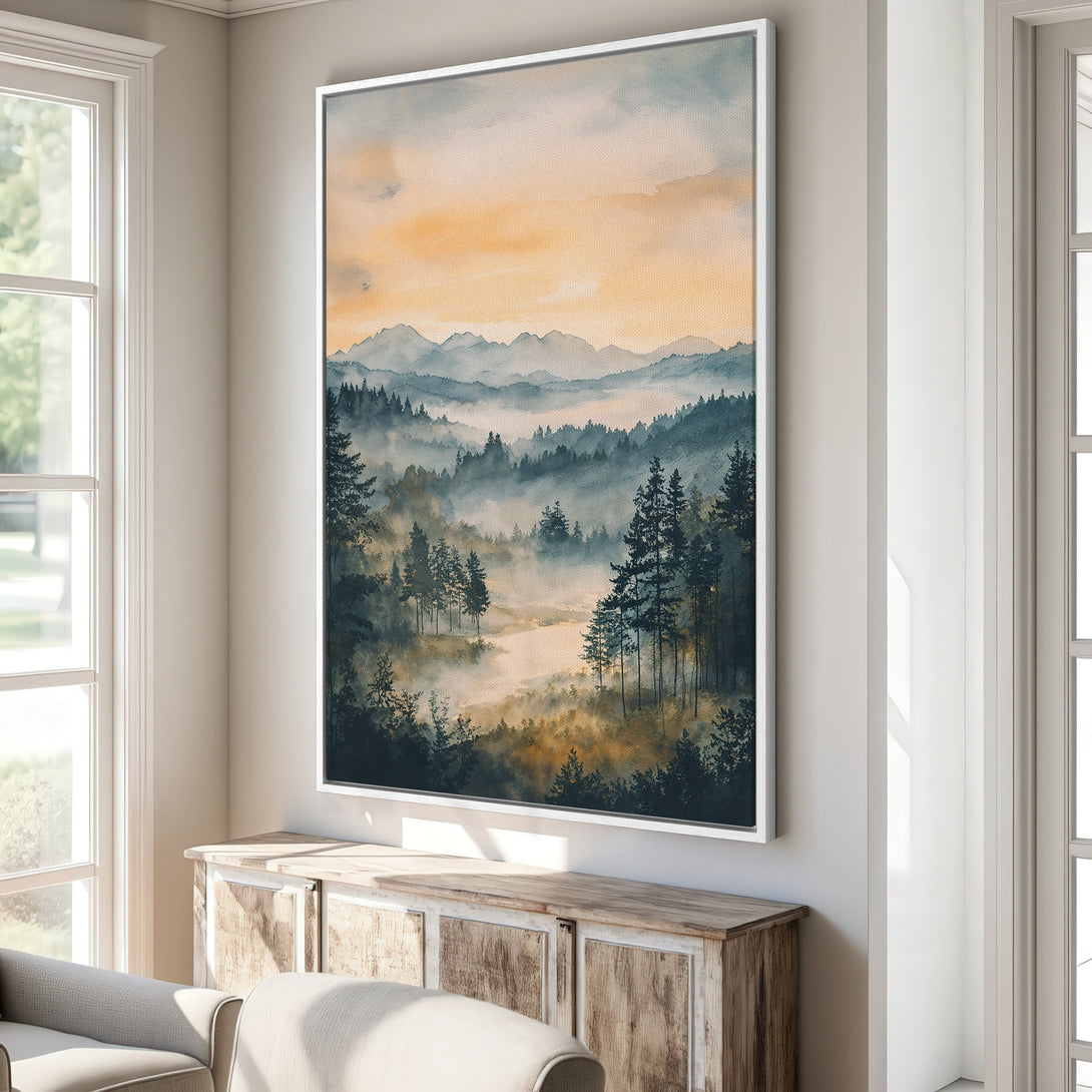 Framed Wall Art featuring a serene watercolor landscape with misty mountains and trees in a calming blue and yellow palette. Perfect for home decor.
