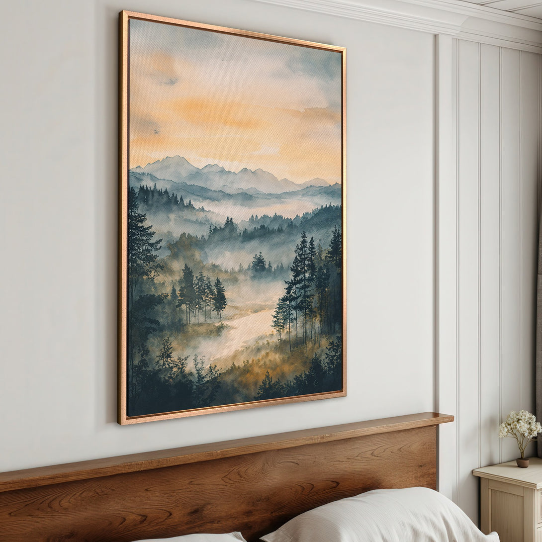 Framed Wall Art: Watercolor landscape Canvas Print with misty forest scene in blue, green, and gold hues. Perfect for adding a touch of nature to your home decor.