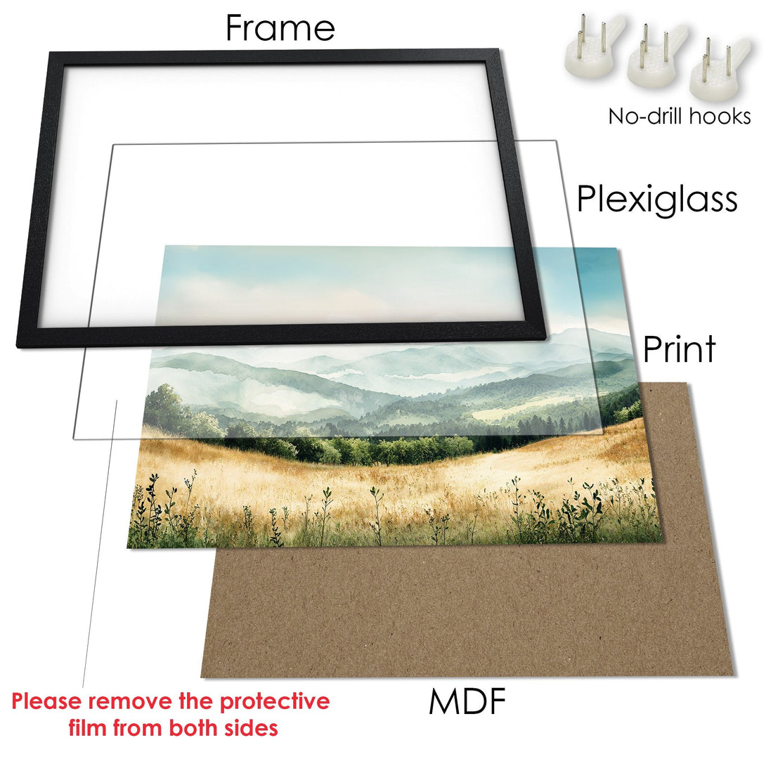 Framed Poster of a serene landscape in muted green and gold tones. Perfect wall art for a calming space.