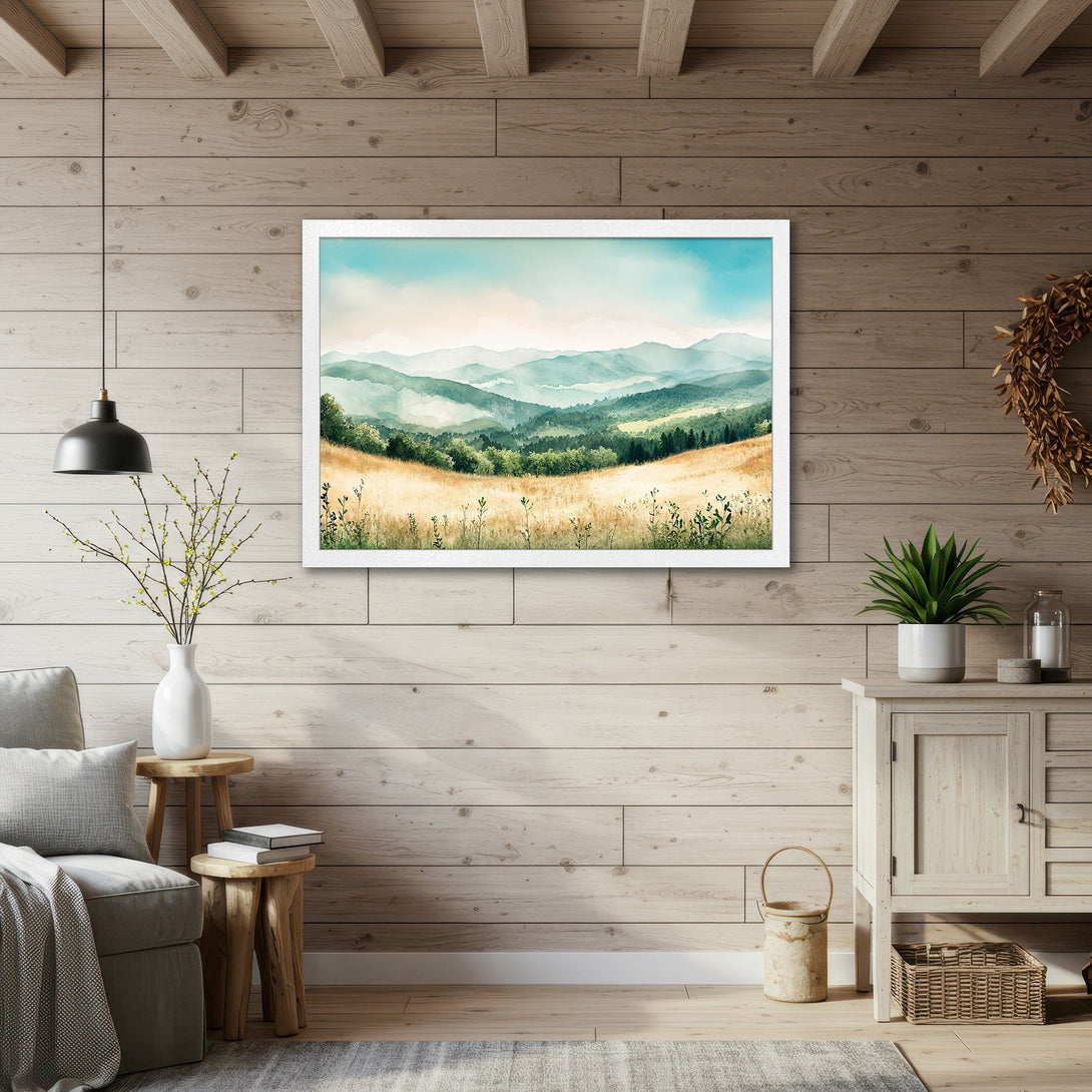 Framed Poster featuring a watercolor landscape with mountains, fields, and a blue and green color palette, perfect for home decor.