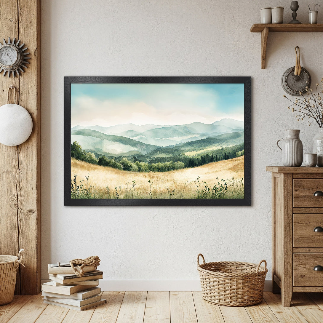 Framed Poster of serene mountain landscape in watercolor style, featuring a calming blue and green color palette.