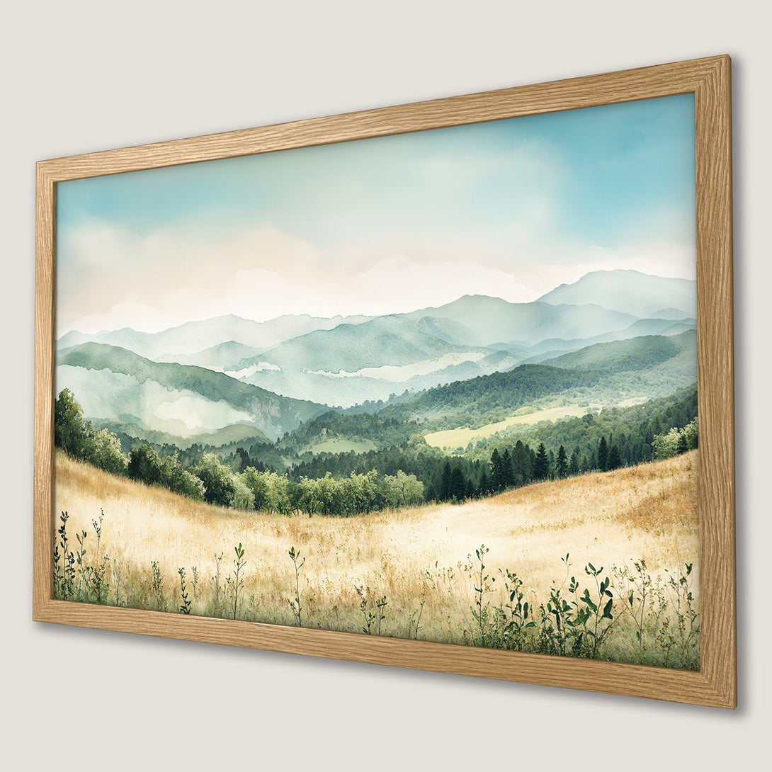 Framed Poster featuring a serene mountain landscape in watercolor style with a muted green and gold color palette.