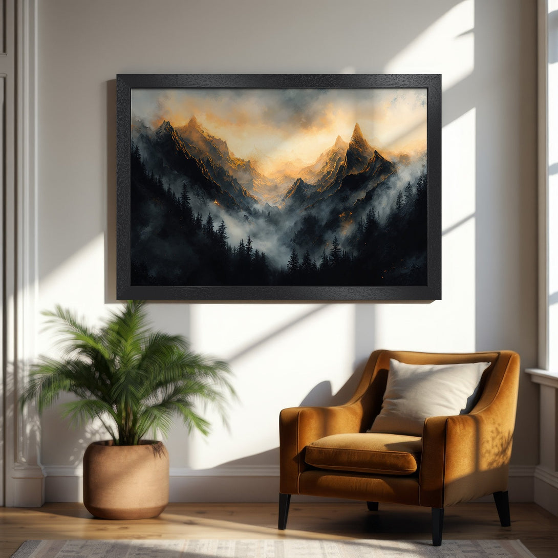 Framed Poster of majestic mountain landscape art, featuring a moody, painterly style with a warm, golden color palette. Perfect wall decor.