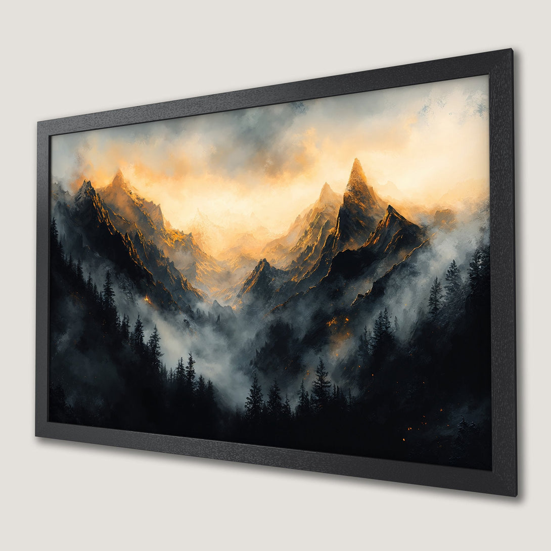 Framed Poster featuring a stunning mountain landscape in a painterly style with a warm, golden color palette. Perfect wall art!