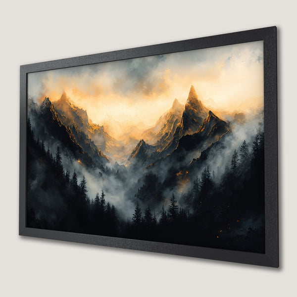 Framed Poster featuring a stunning mountain landscape in a painterly style with a warm, golden color palette. Perfect wall art!
