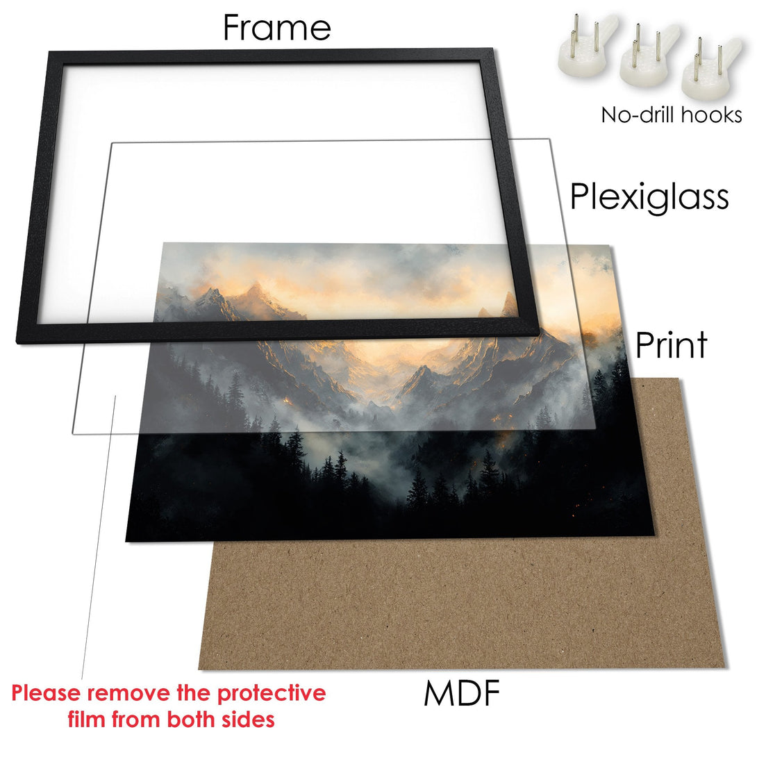 Framed Poster featuring a mountain landscape in a dramatic, painterly style with a dark, moody color palette. Perfect for any wall!