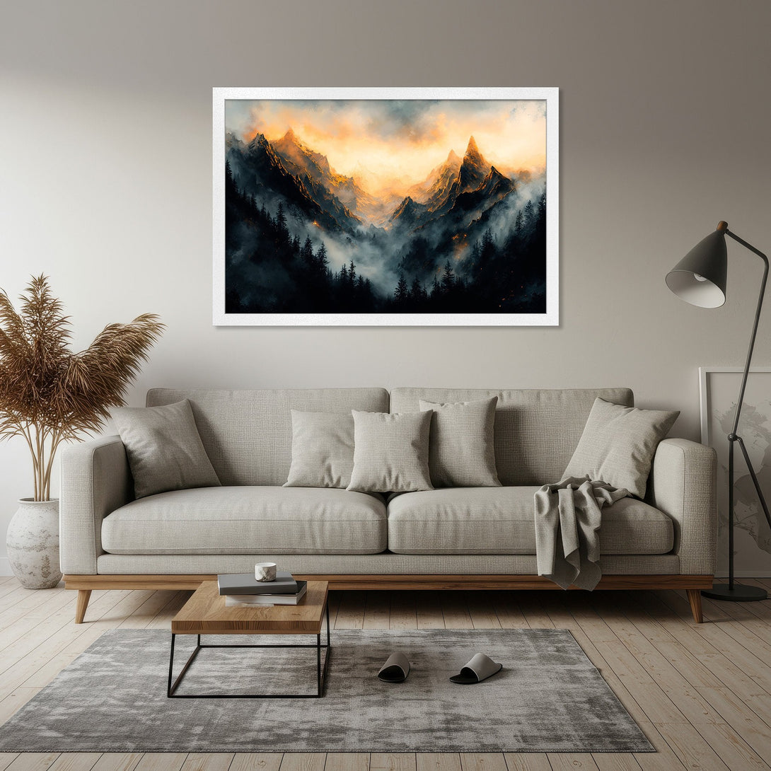 Framed Poster of majestic mountains in a painterly style with a warm orange and cool gray color palette, perfect for home decor.