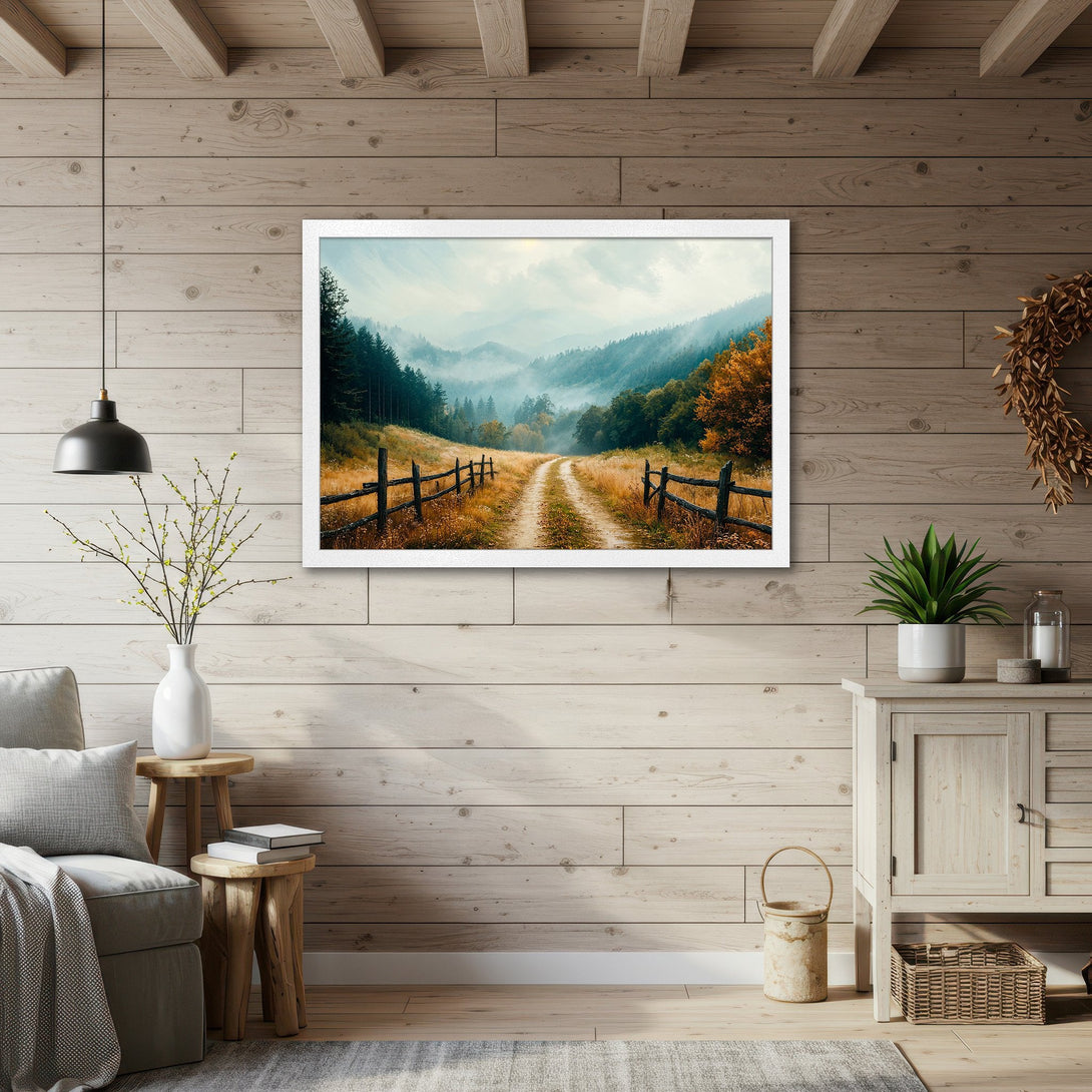 Framed Poster of a scenic landscape with a dirt road, trees, and a fence. Rustic style, warm earth tones and greens. Perfect wall art!