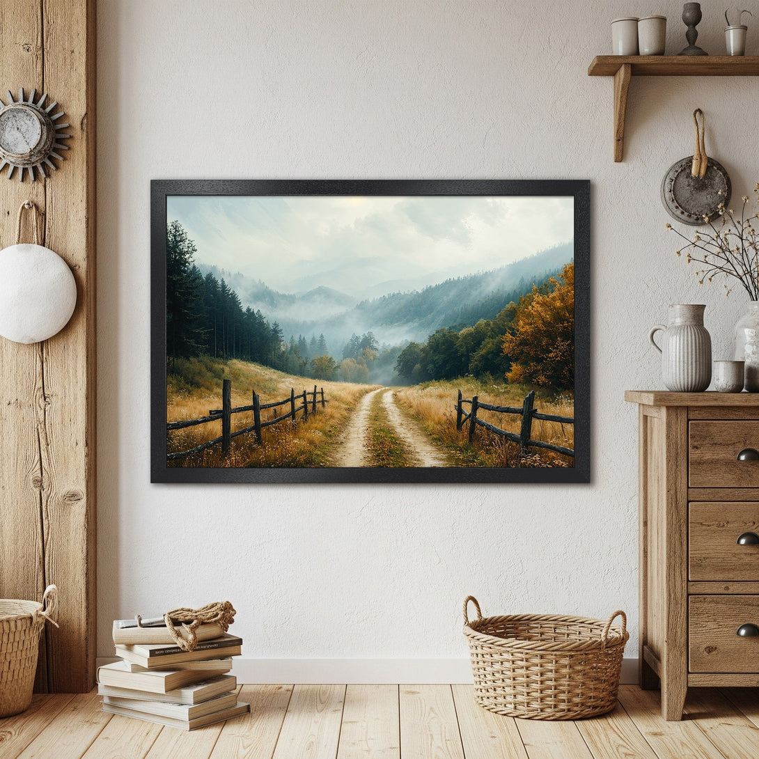 Framed Poster of a scenic mountain road. Rustic style with warm, earthy tones. Perfect wall art for your home.