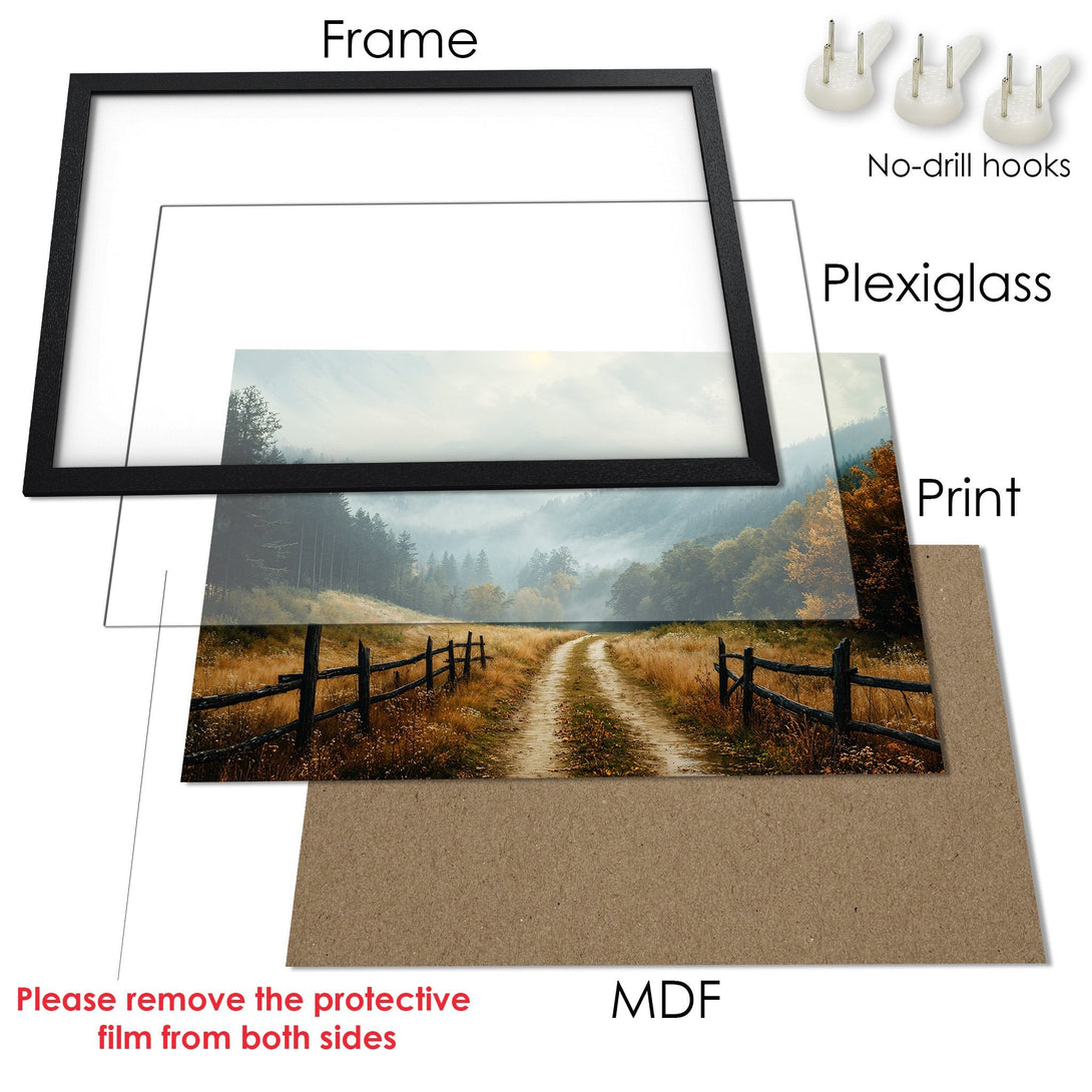 Framed Poster of a scenic landscape with a dirt road, fence, and forest. Earthy tones with a touch of blue. Ready to hang!