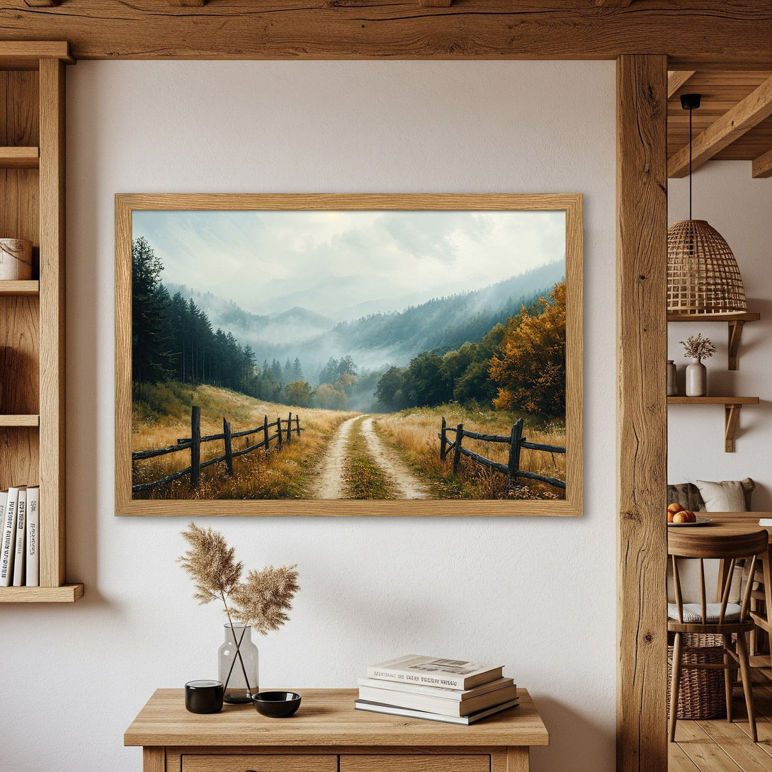 Framed Poster of a misty mountain landscape. Rustic style, earth-toned color palette. Perfect wall art for a cozy home.