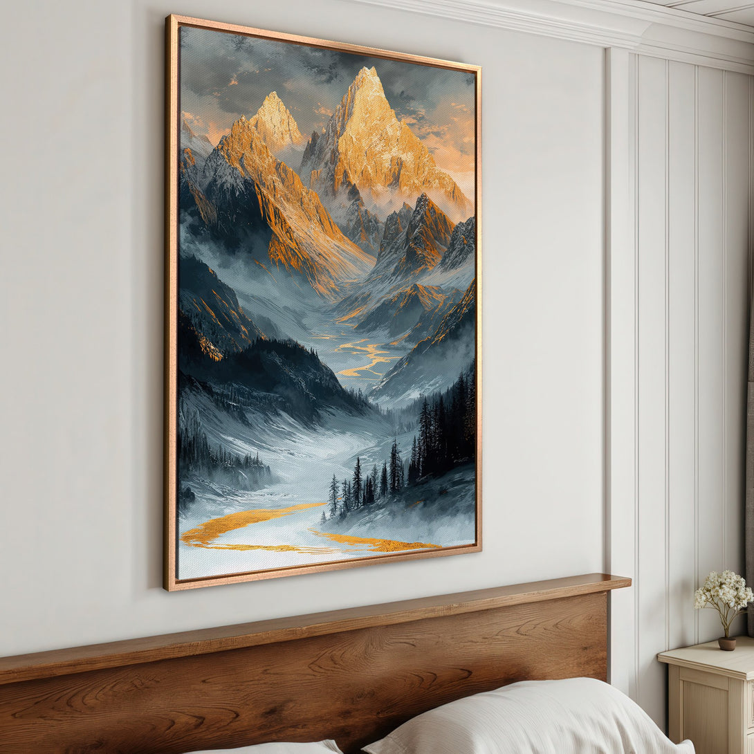 Framed Wall Art: Majestic mountain landscape Canvas Print with gold and blue color palette. Enhance your home decor with this stunning artwork.
