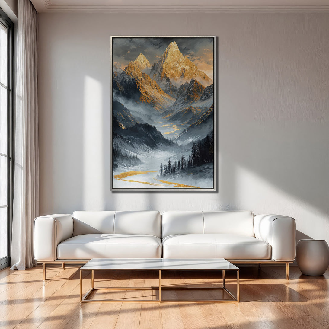 Framed Wall Art: Majestic mountain landscape canvas print, featuring gold and gray tones. Perfect art for living room decor.