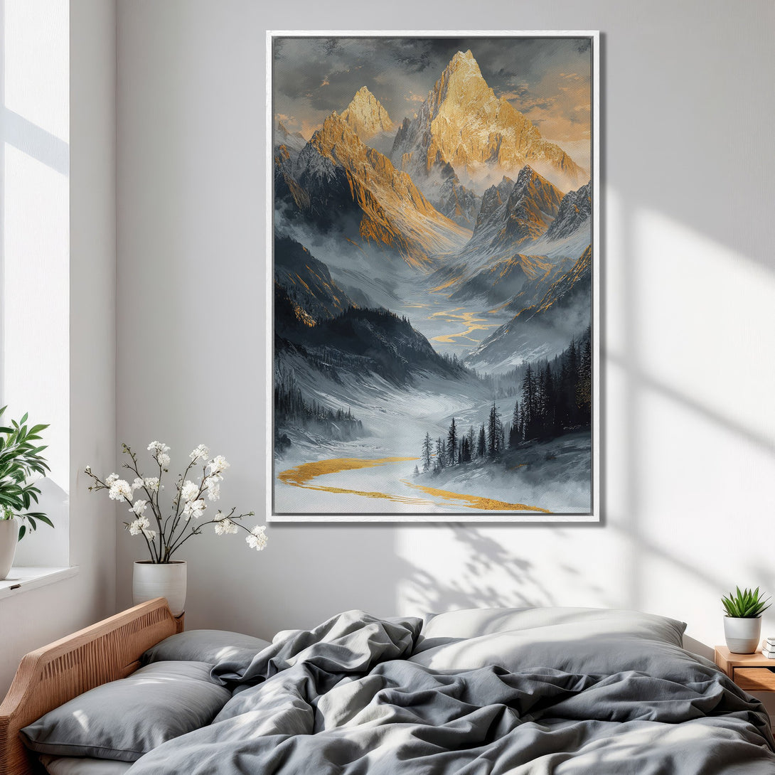 Framed Wall Art featuring a majestic mountain landscape in a muted, artistic style with gold and gray tones. Perfect for adding a touch of nature to your space.
