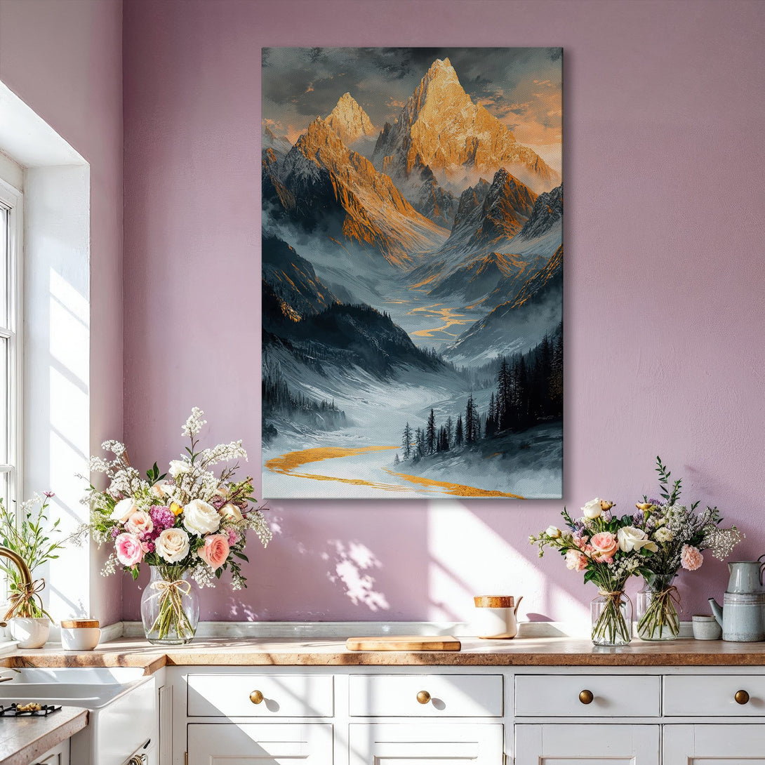 Framed Wall Art: Majestic mountain landscape canvas print in gold, gray, and black. Elevate your space with stunning wall decor. Shop now!
