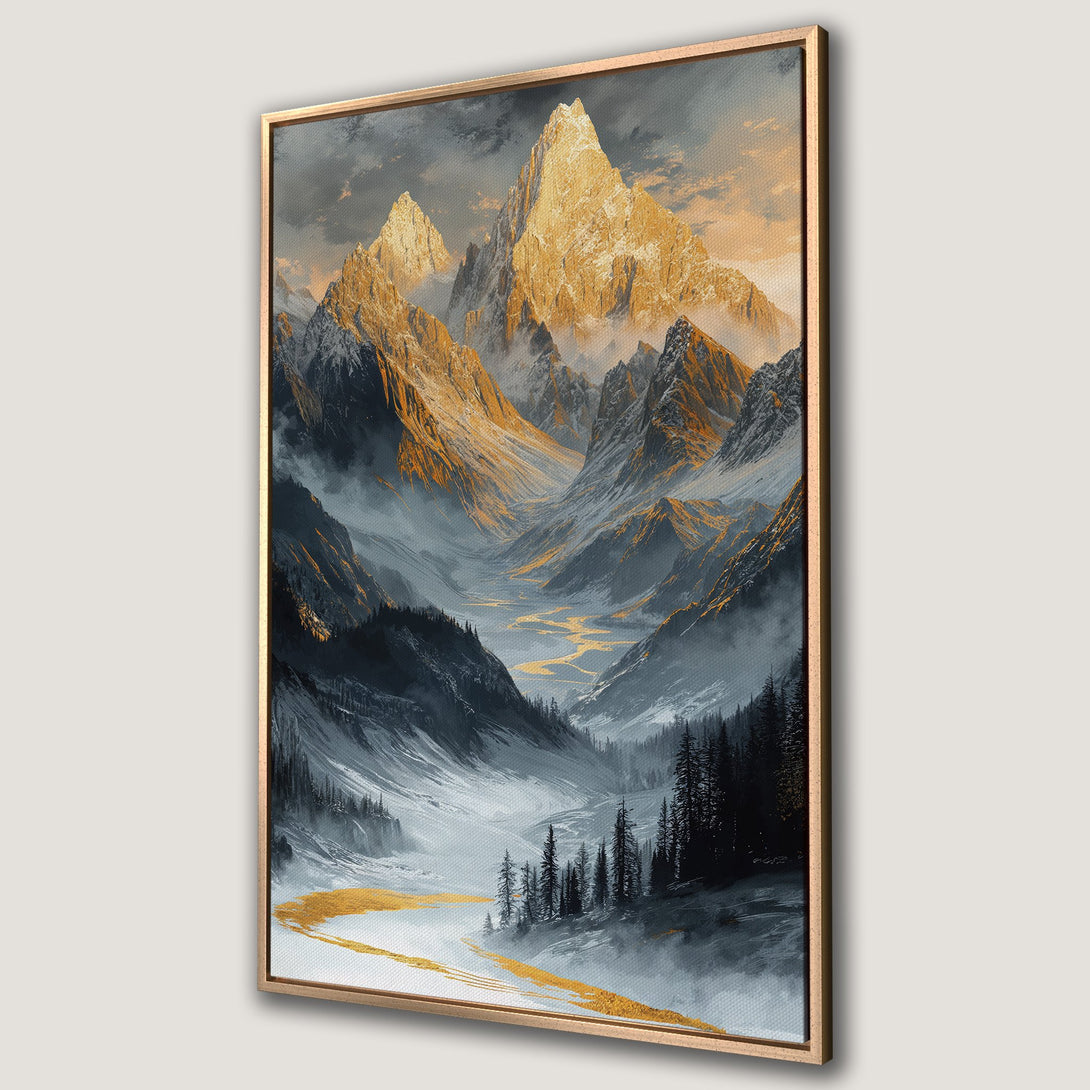 Framed Wall Art: Majestic mountain landscape canvas print in gold and gray tones. Elevate your space with this stunning, artistic wall decor.