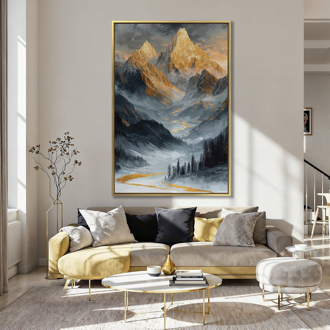 Canvas Print of a majestic mountain landscape in gold, blue, and gray. Perfect wall art for a serene and stylish home.