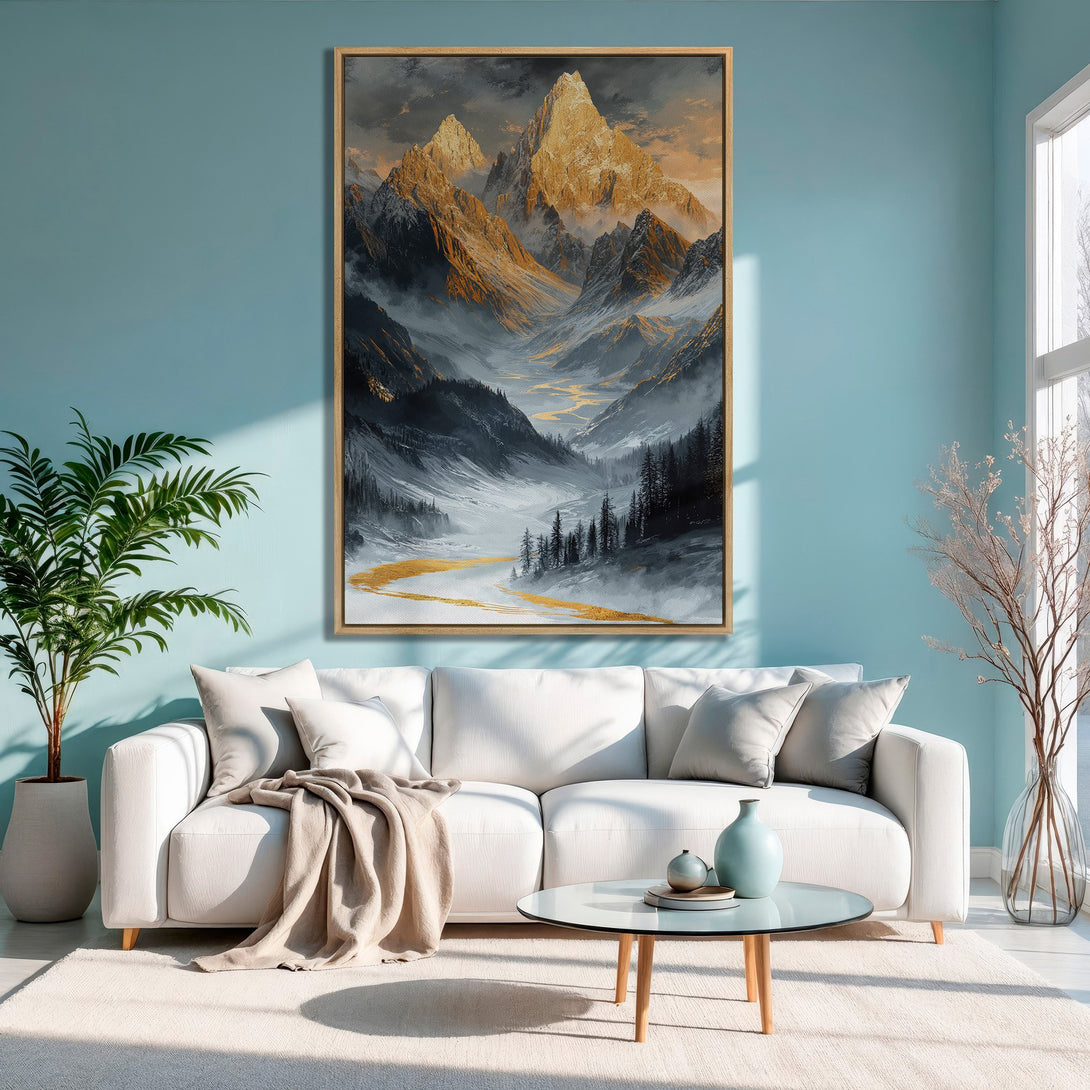 Framed Wall Art: Stunning mountain landscape Canvas Print with gold and gray tones. Perfect for living room decor!