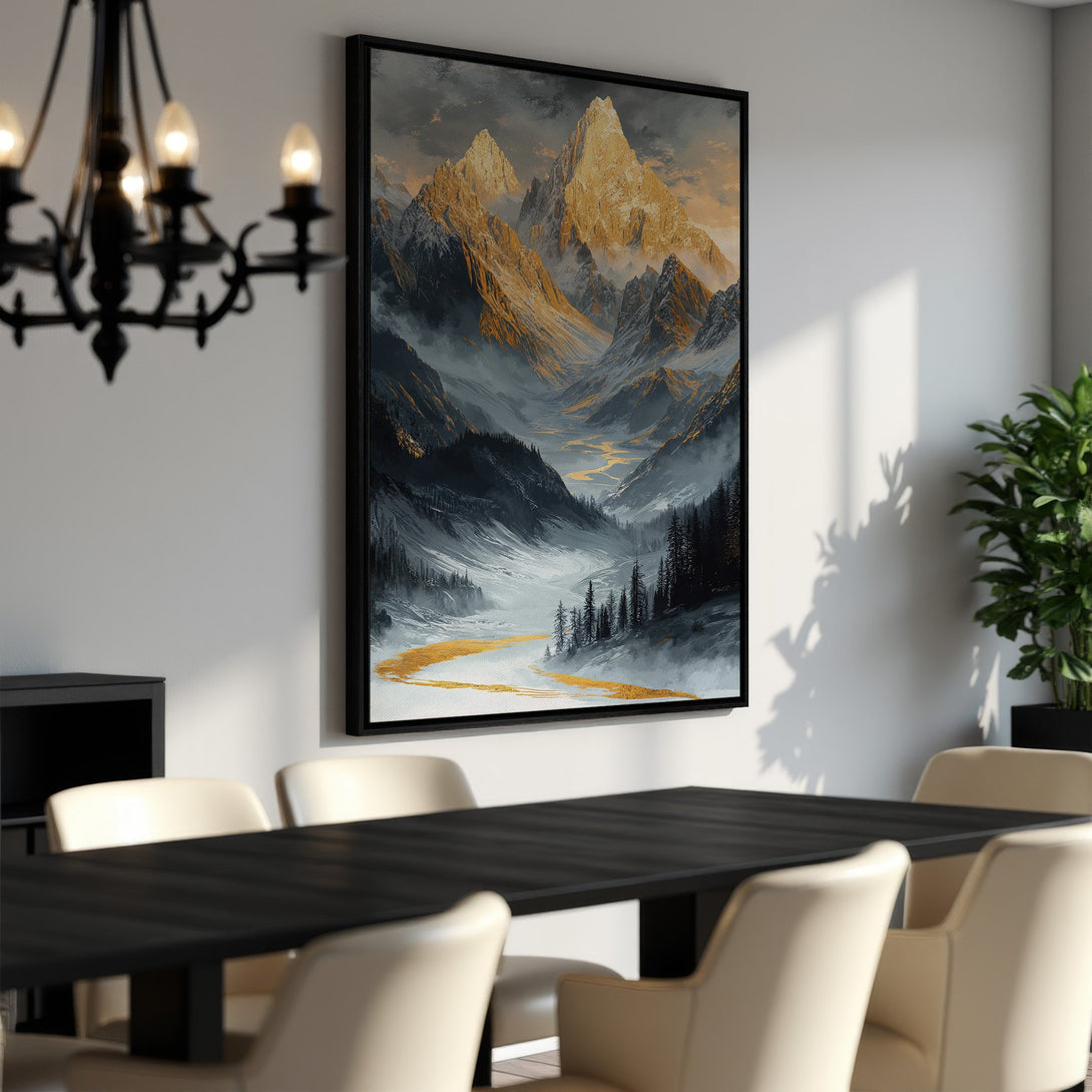Framed Wall Art: Majestic mountain landscape canvas print in gold, gray, and black. Elevate your home decor with this stunning artwork.