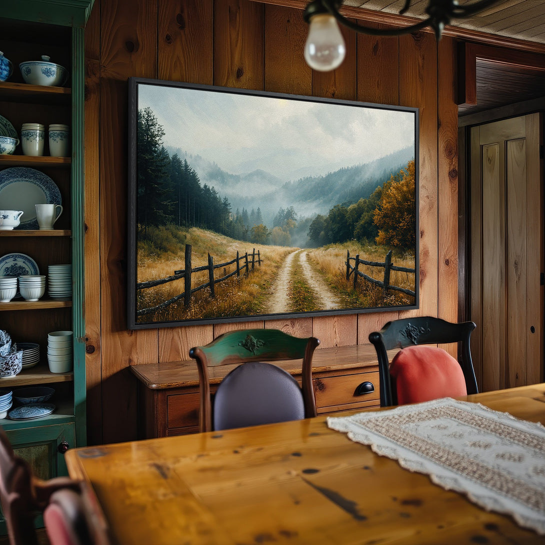 Framed Wall Art: Landscape Canvas Print with a rustic road scene in muted greens, browns, and yellows. Perfect for adding warmth to your home decor.