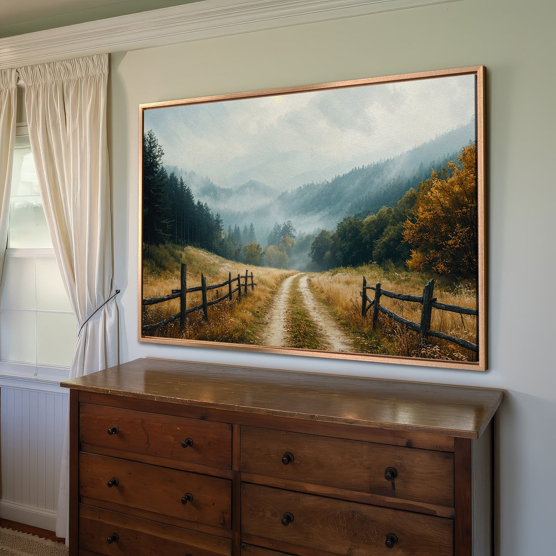 Framed Wall Art: Landscape Canvas Print with a serene path through a misty forest, featuring a warm, earthy color palette. Perfect for home decor.