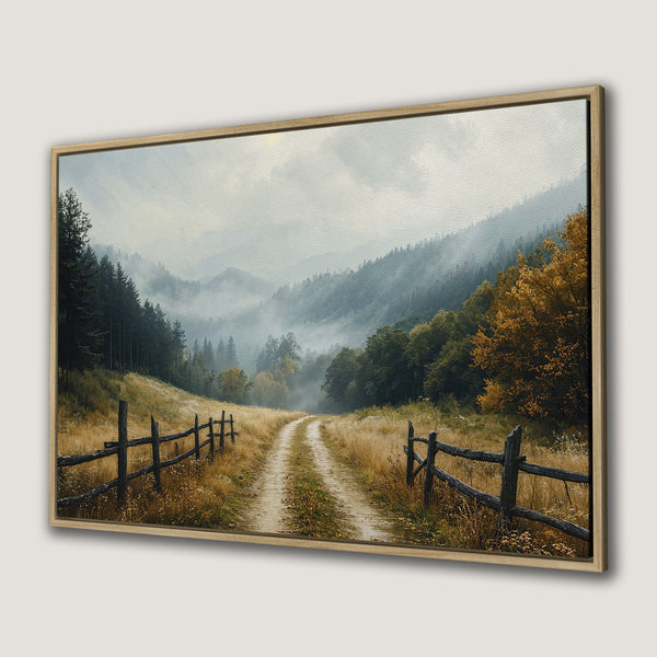 Canvas Print of a misty mountain landscape with a dirt road, rustic style, featuring a warm, earthy color palette.