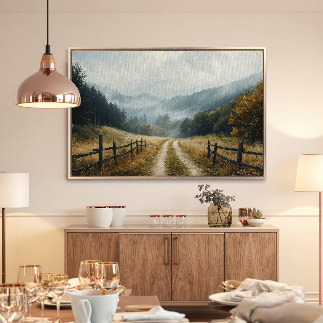 Framed Wall Art: Landscape Canvas Print of a misty mountain road with a warm, earthy color palette. Perfect for adding a touch of nature.