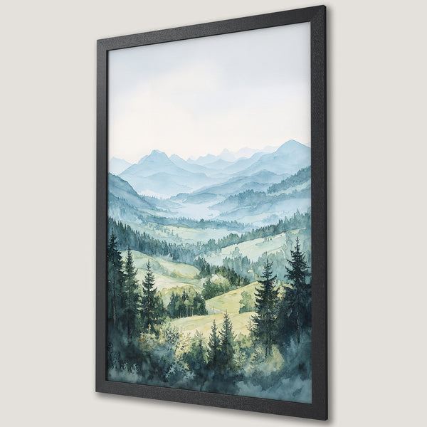 Framed Poster featuring a watercolor landscape of mountains and trees in a calming blue and green palette. Perfect wall art!