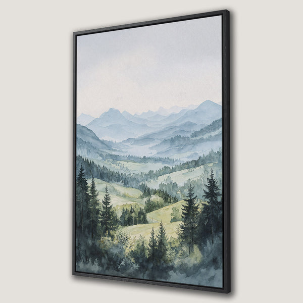 Framed Wall Art: Watercolor landscape Canvas Print with a serene mountain scene in blue and green tones. Perfect for adding a touch of nature to your home decor.