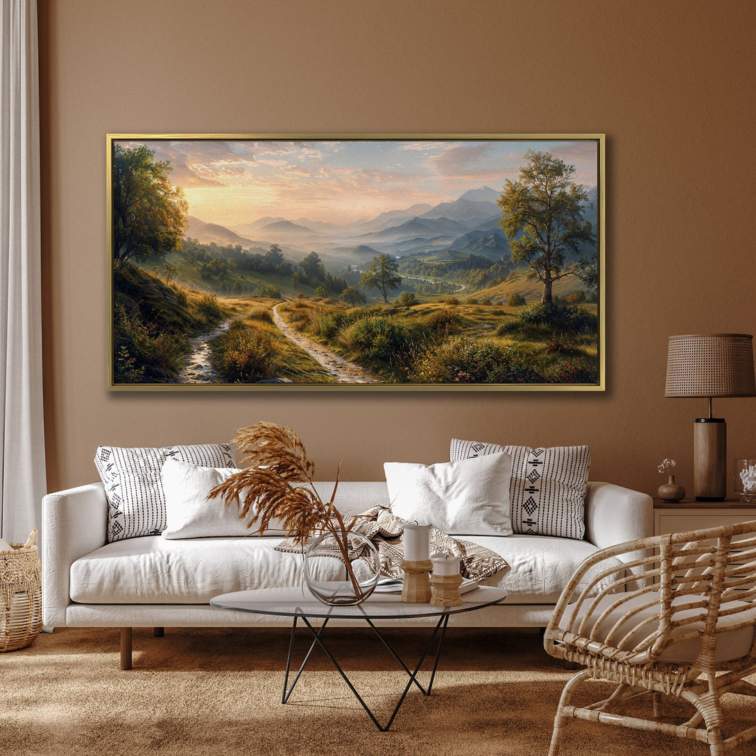 Canvas Print of a scenic landscape painting. Warm color palette with greens, golds, and blues. Perfect wall art for a cozy living room.