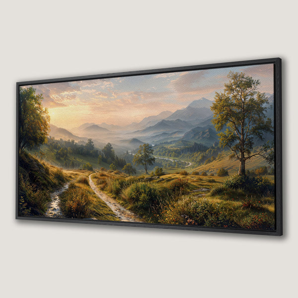 Framed Wall Art: Landscape Canvas Print of a serene valley scene with warm, earthy tones and a touch of sunrise. Perfect for any space.