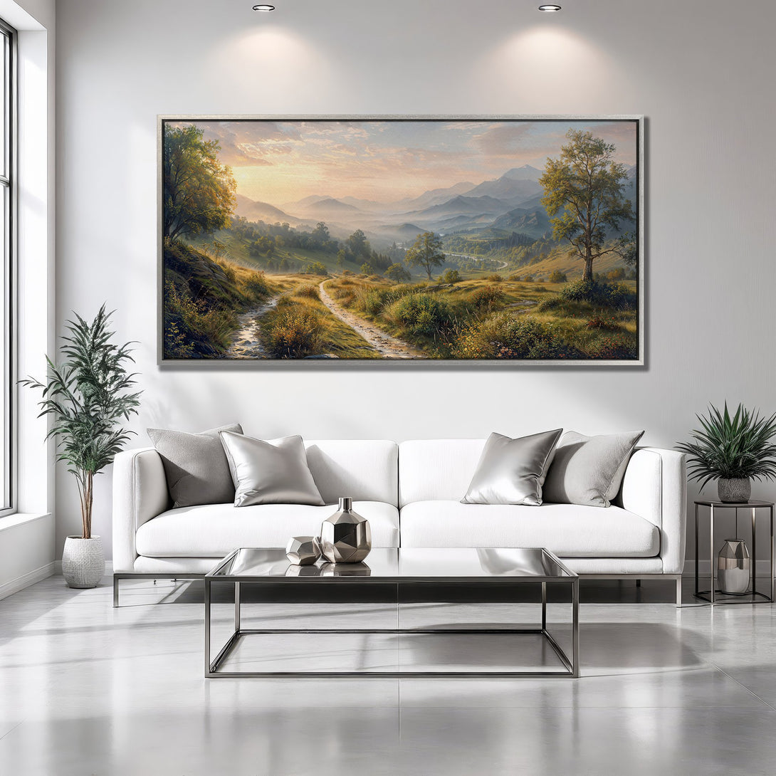 Framed Wall Art: Landscape Canvas Print with warm, earthy tones. Serene mountain scene in a modern living room. Elevate your space with art!
