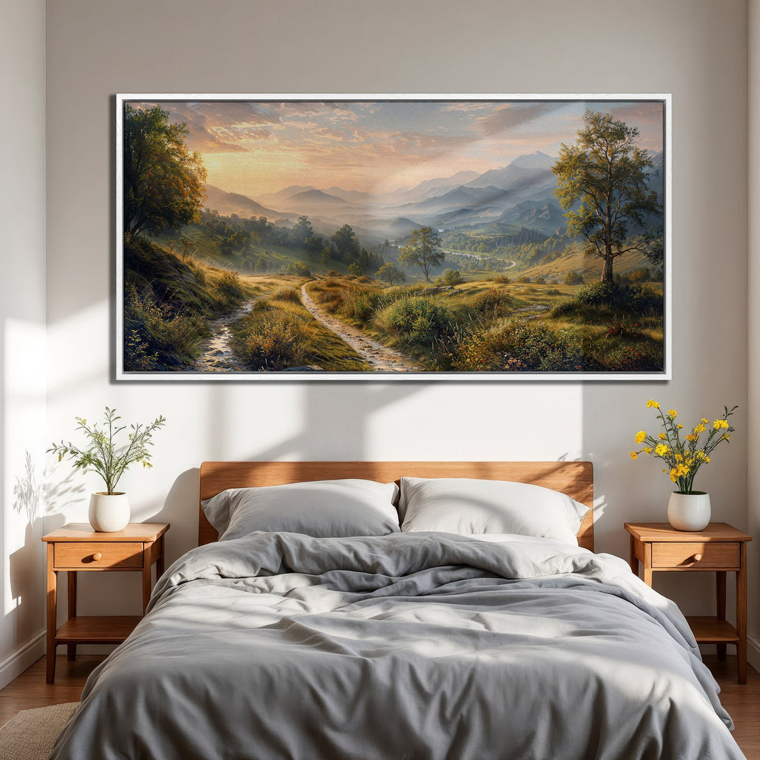 Framed Wall Art: Serene landscape Canvas Print, featuring a pathway through a valley, warm color palette, and a touch of sunlight. Perfect for bedroom decor.