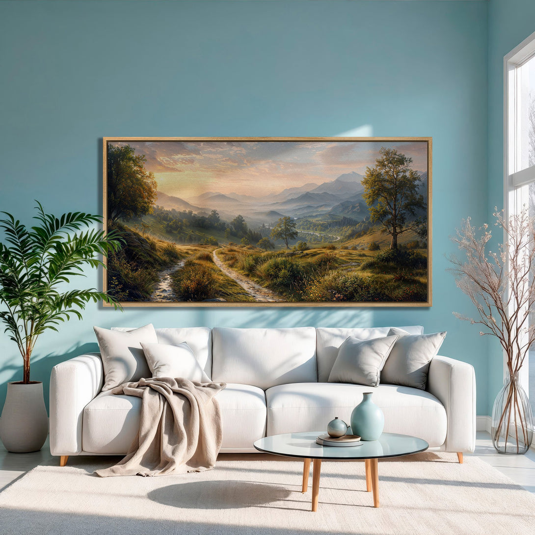 Framed Wall Art: Landscape painting in warm tones. Rustic style canvas print of a mountain scene, perfect for adding a touch of nature to your home.