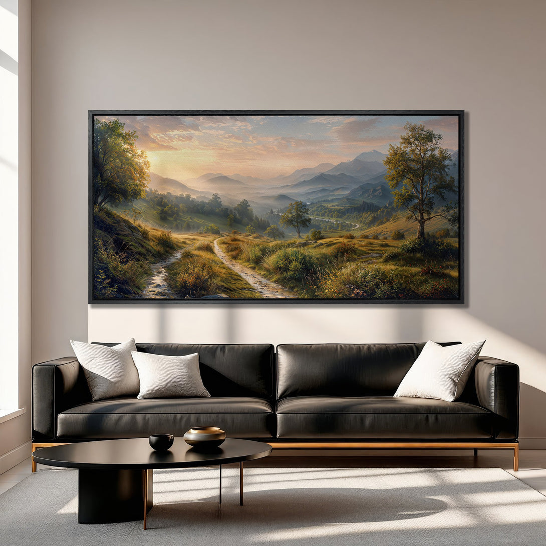 Framed Wall Art: Serene landscape Canvas Print with warm sunset colors. Perfect for living room decor, adding a touch of nature and tranquility.