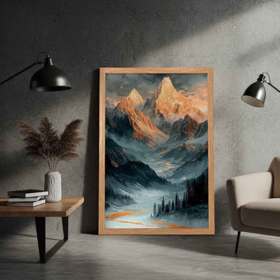 Framed Poster of a mountain landscape in a painterly style with a warm, earthy color palette. Perfect wall art for any home.