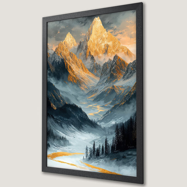 Framed Poster of a majestic mountain landscape in a painterly style, featuring gold and cool blue tones. Perfect wall art!