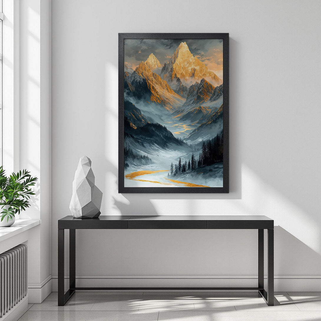 Framed Poster of majestic mountains in a painterly style, featuring a warm gold and cool blue color palette. Perfect wall art!