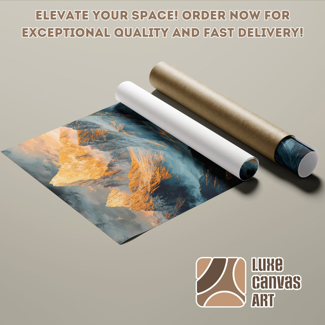 Poster Roll featuring a stunning mountain landscape art print. Earthy tones and vibrant colors. Order yours today!