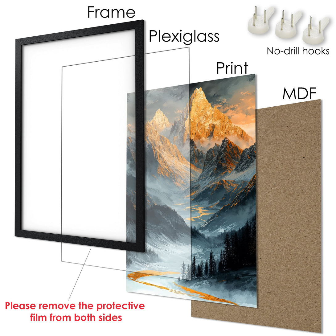 Framed Poster featuring a majestic mountain landscape in a vibrant, painterly style with a cool blue and warm gold color palette. Ready to hang!