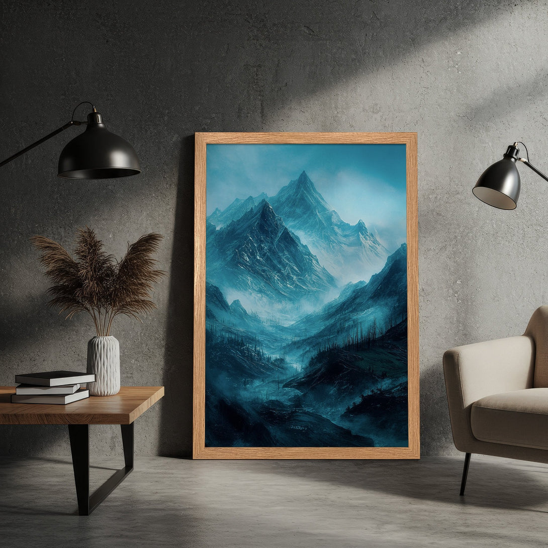 Framed Poster featuring a misty mountain landscape in a cool blue and teal color palette. Perfect wall art for any room.