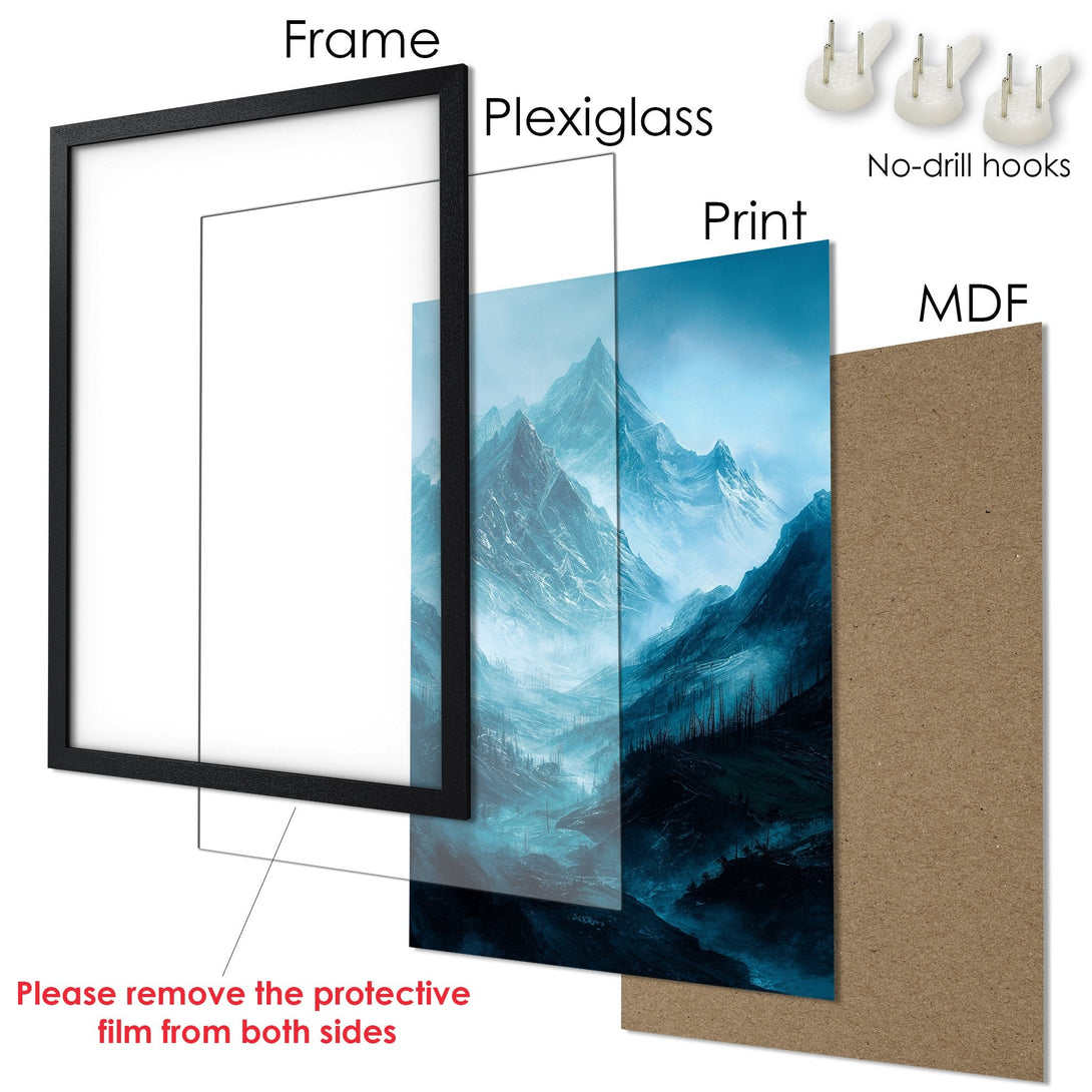 Framed Poster featuring a majestic mountain landscape in a cool blue color palette. Elevate your space with this stunning art print!