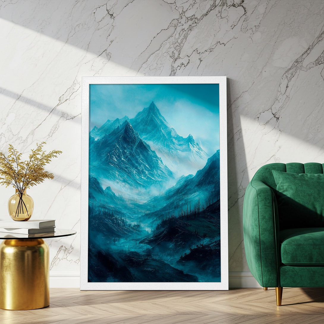 Framed Poster of majestic mountains in a teal and blue color palette. Enhance your home decor with this stunning art print.
