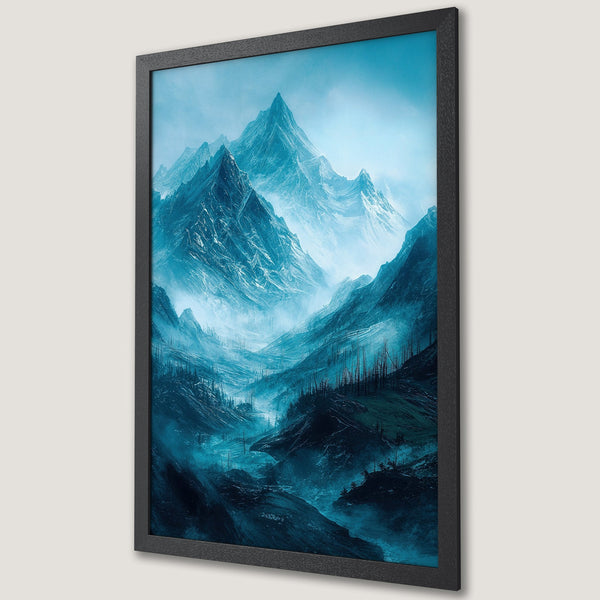 Framed Poster featuring a misty mountain landscape in cool blue tones. Perfect wall art for a serene home.