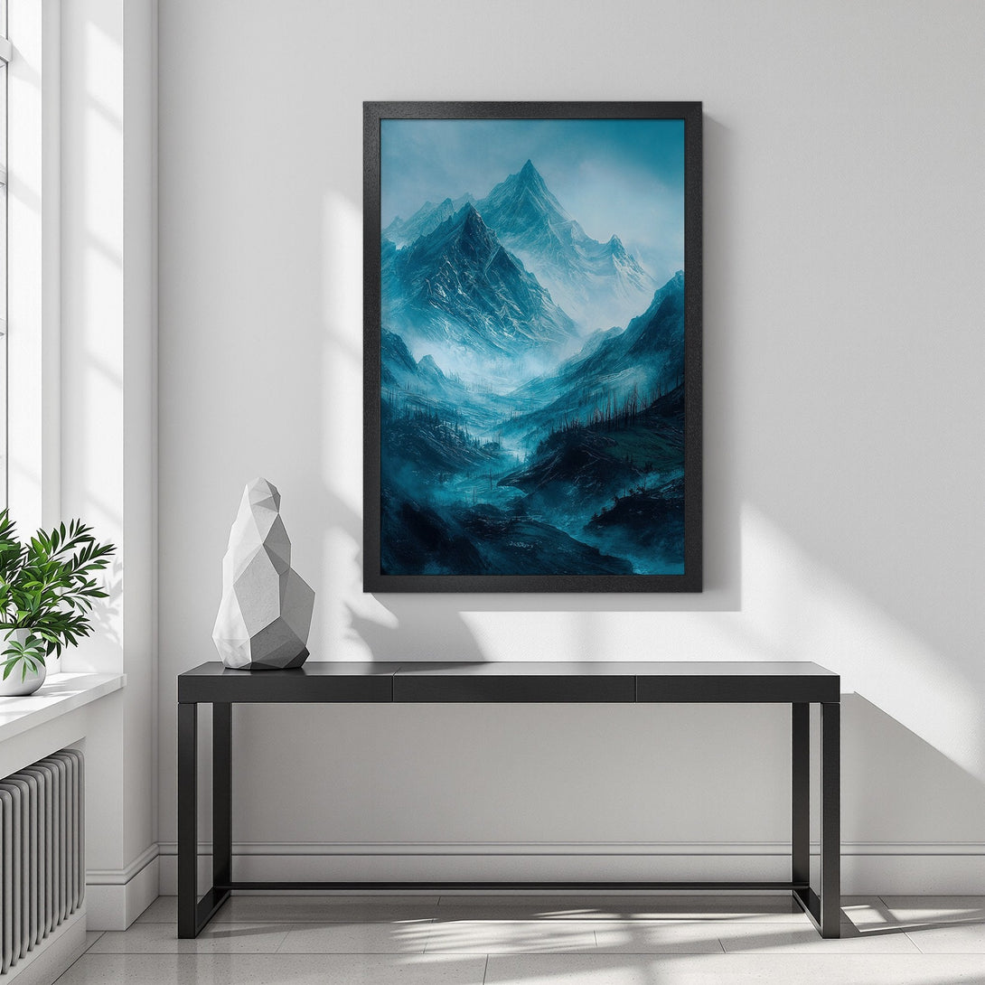 Framed Poster featuring a majestic mountain landscape in a moody, teal color palette. Add a touch of nature's beauty to your home!